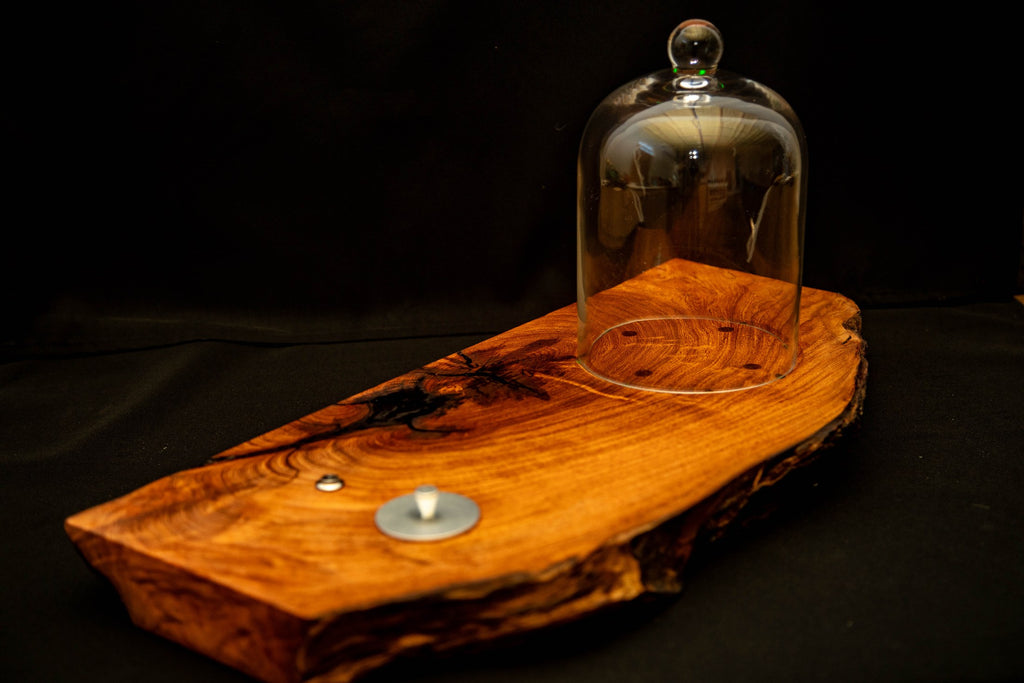 Cocktail smoker glass dome with LED light, on live-edge mesquite base