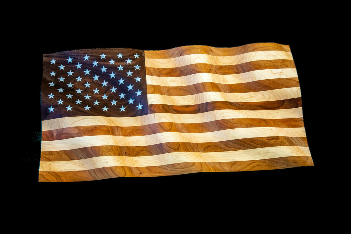 Wavy wooden American flag, walnut cherry and maple, full view