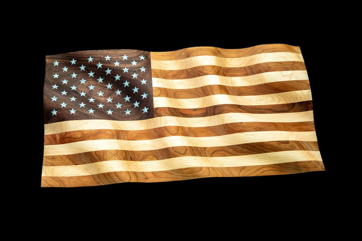 Wavy wooden American flag with epoxy-inlaid stars, full view