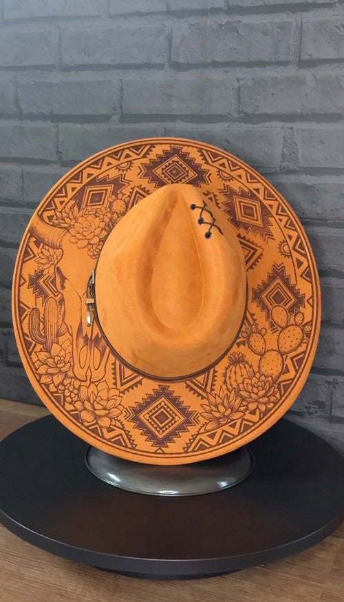 Desert Solstice - camel suede wide brim with cacti succulents and longhorn skull laser engraving