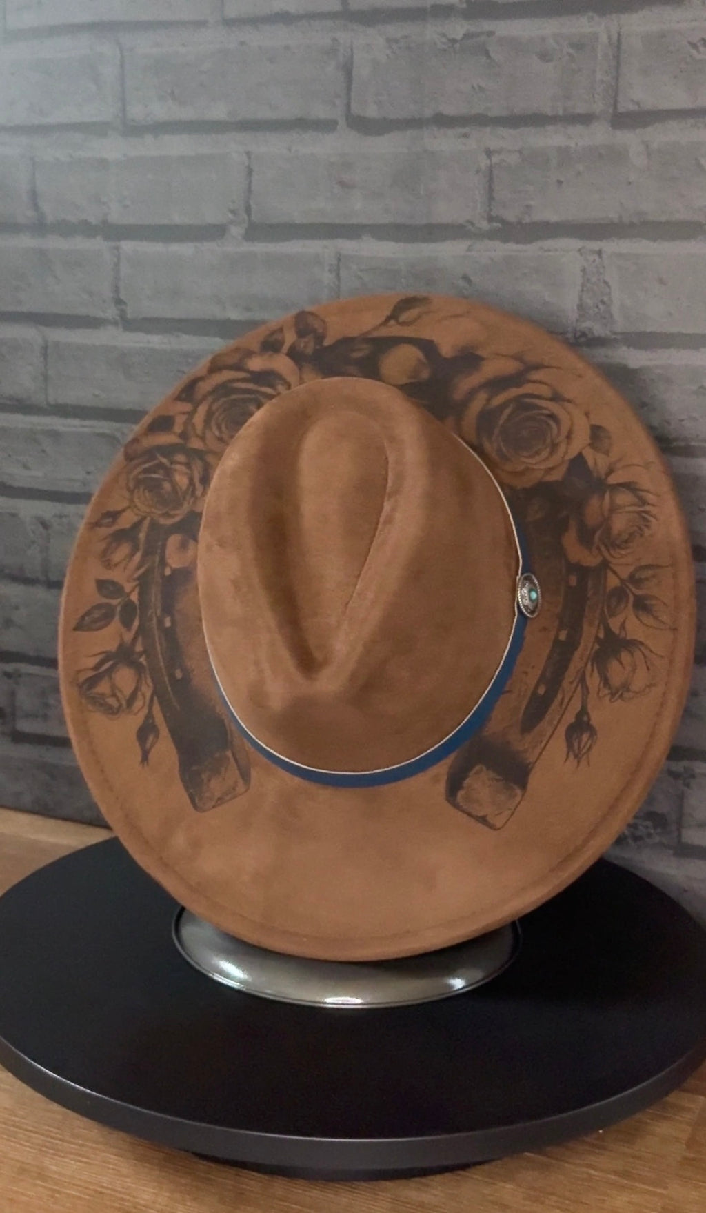 Prairie Henna - warm caramel suede hat with floral and paisley engraving and turquoise accent