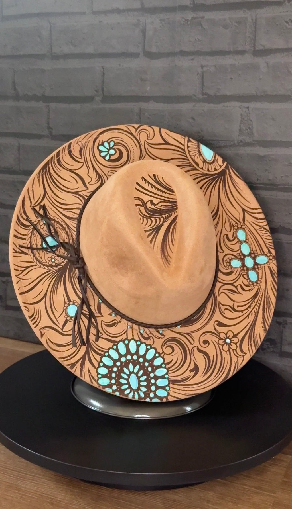 Turquoise Trail - tan suede hat with scrollwork engraving and turquoise bead accents