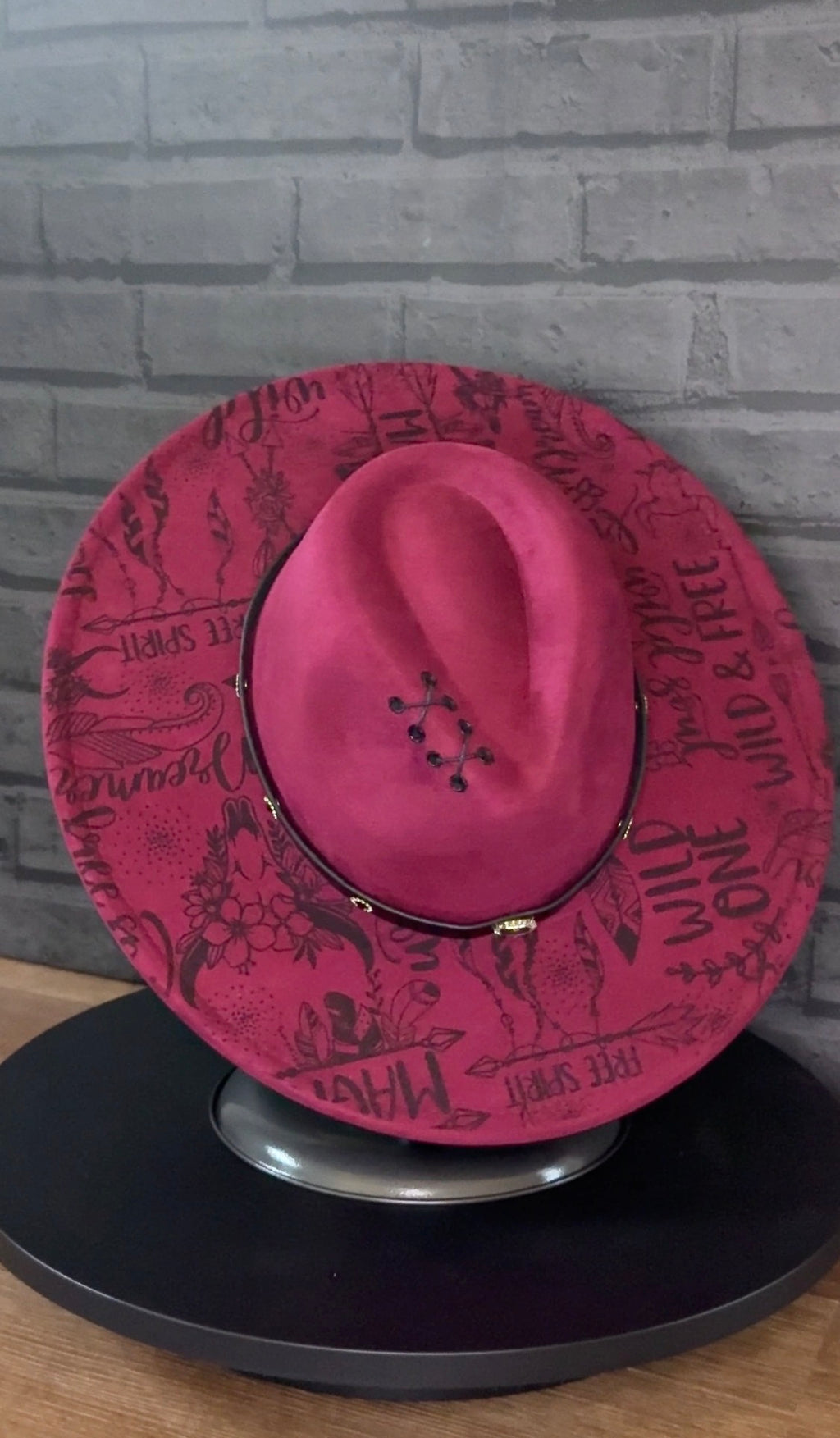 Wild & Free - magenta vegan suede hat with wild free spirit typography and floral engraving