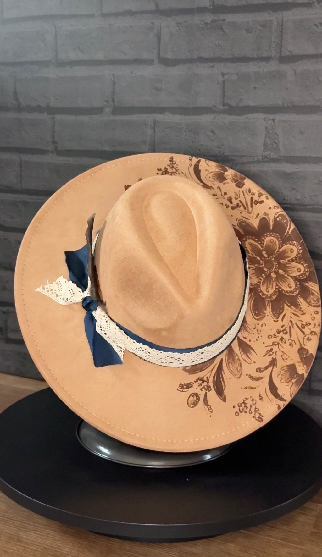 Prairie Lace - warm tan wide brim hat with engraved floral artwork, navy ribbon and cream lace