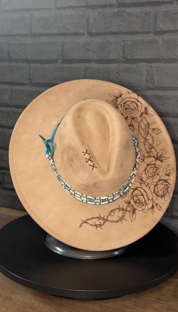 Barbed Rose — Laser-Engraved Vegan Suede Western Hat