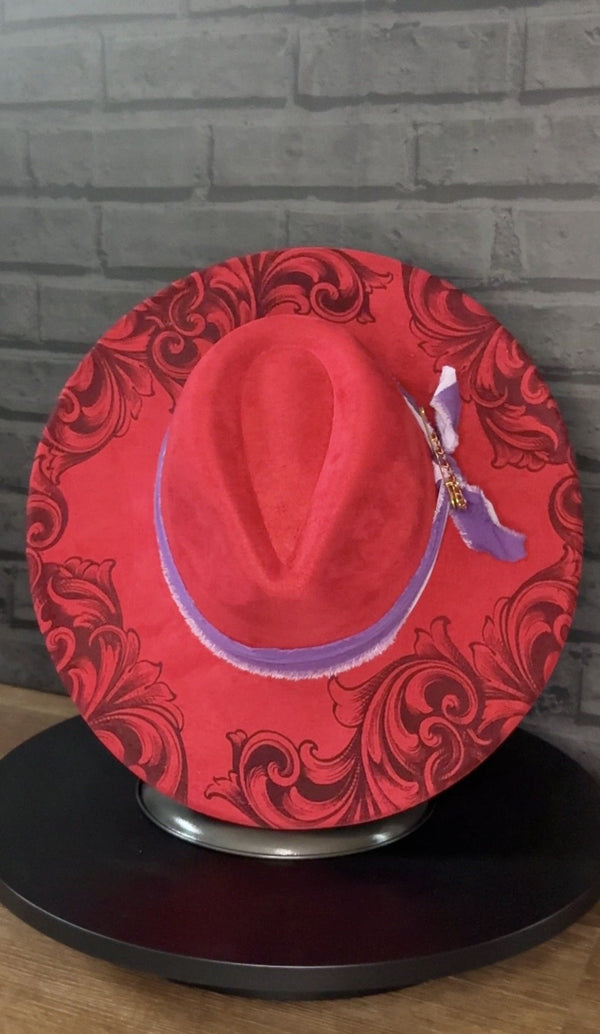 Crimson Scroll — Laser-Engraved Vegan Suede Western Hat