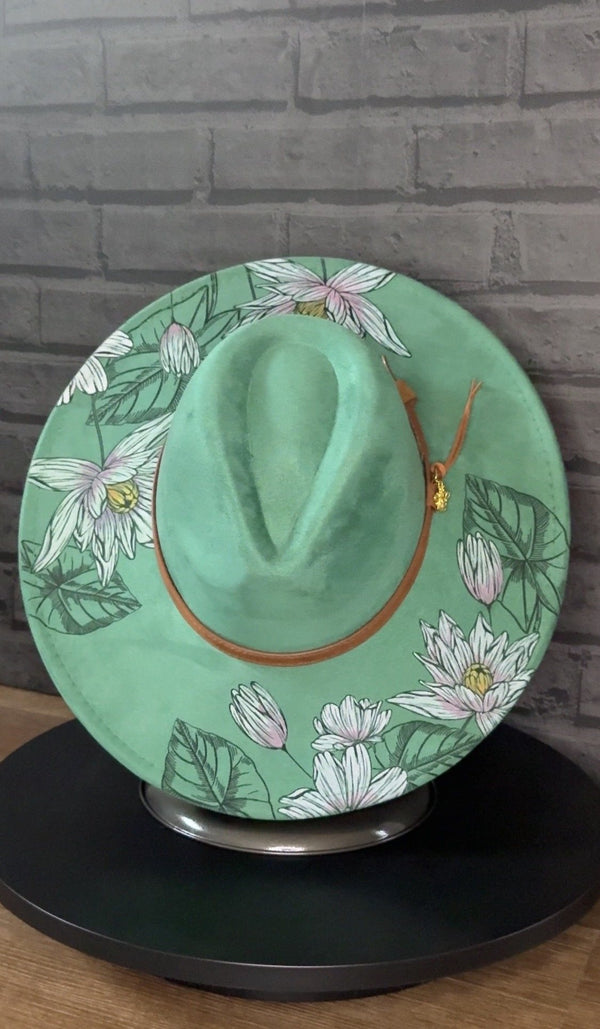 Water Lily Grace — Laser-Engraved Vegan Suede Western Hat